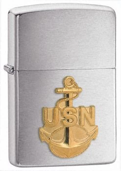 Navy Anchor Emblem Brushed Chrome Zippo Lighter - ID# 28`